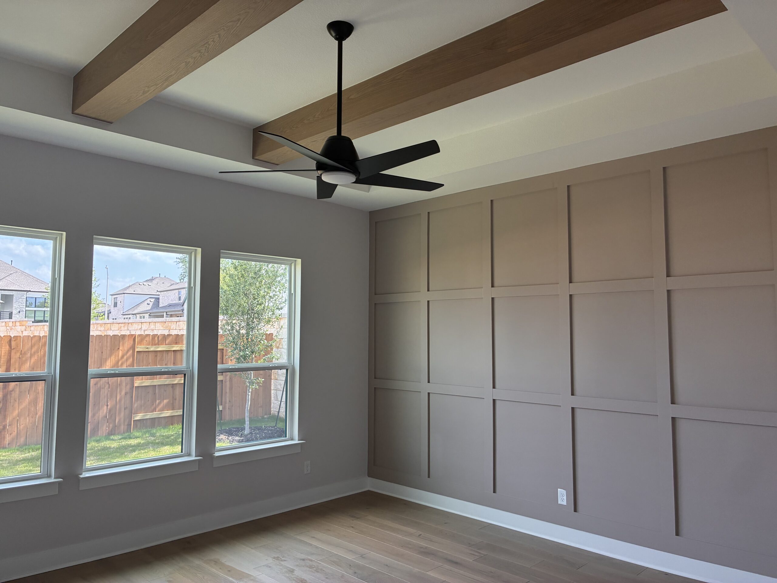 modern wood slat accent wall living room Austin