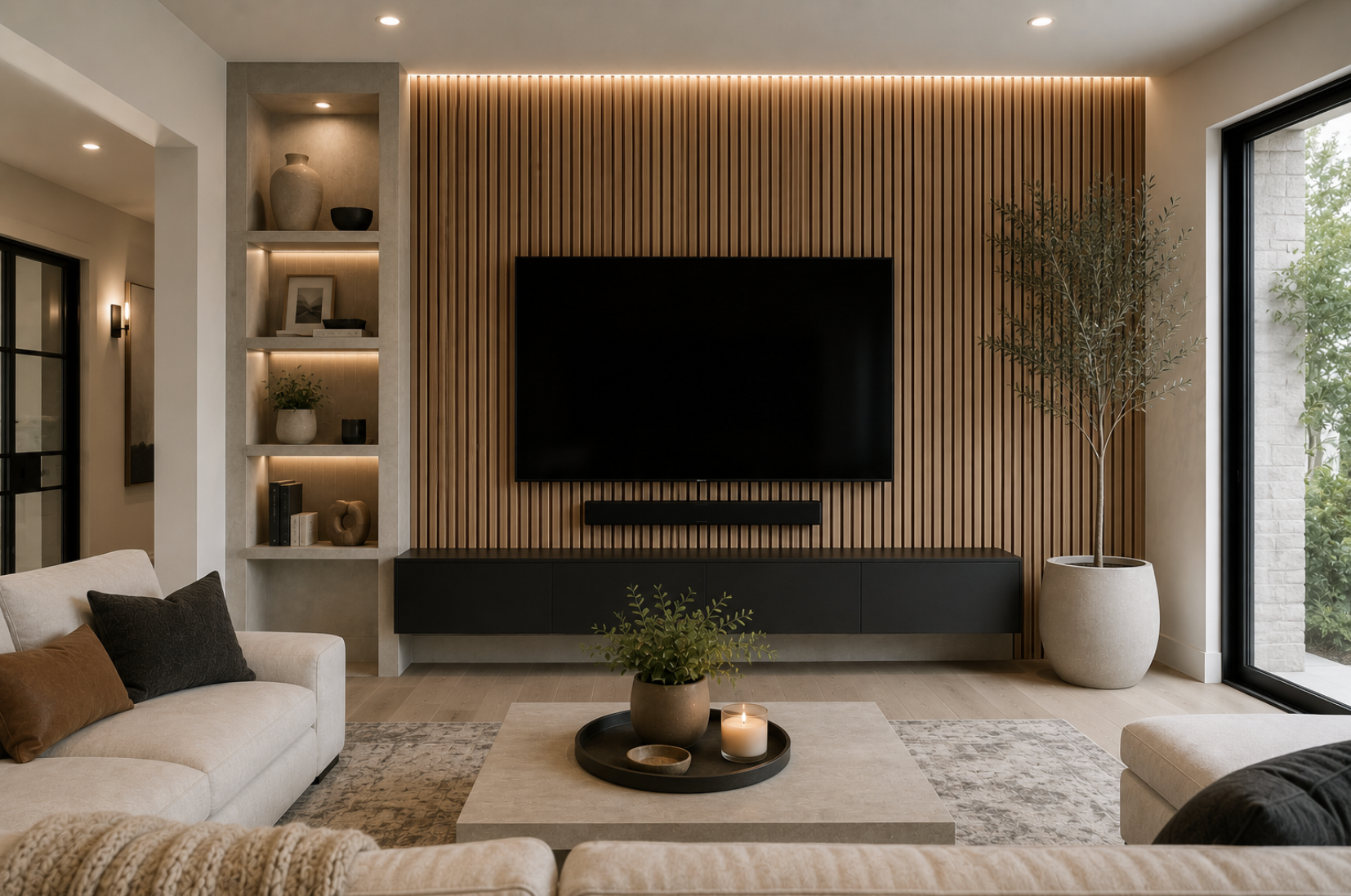 modern wood slat wall Austin living room