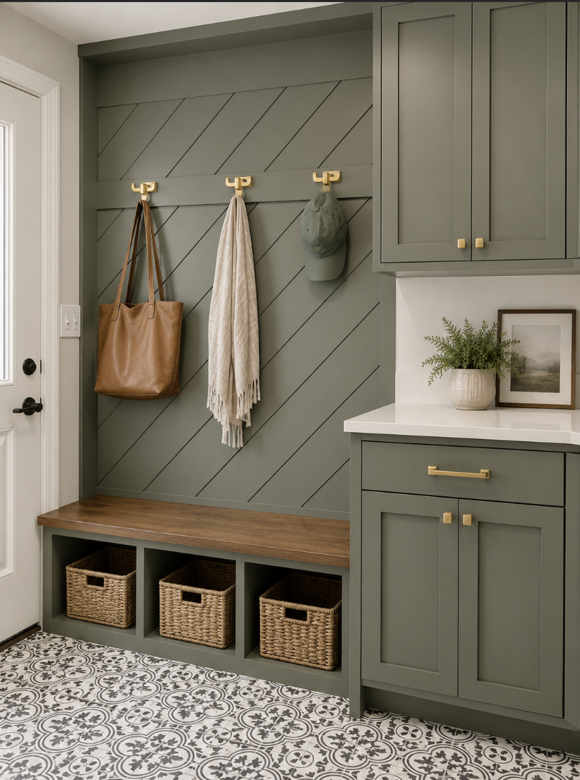 custom mudroom storage bench and cabinets Austin home
