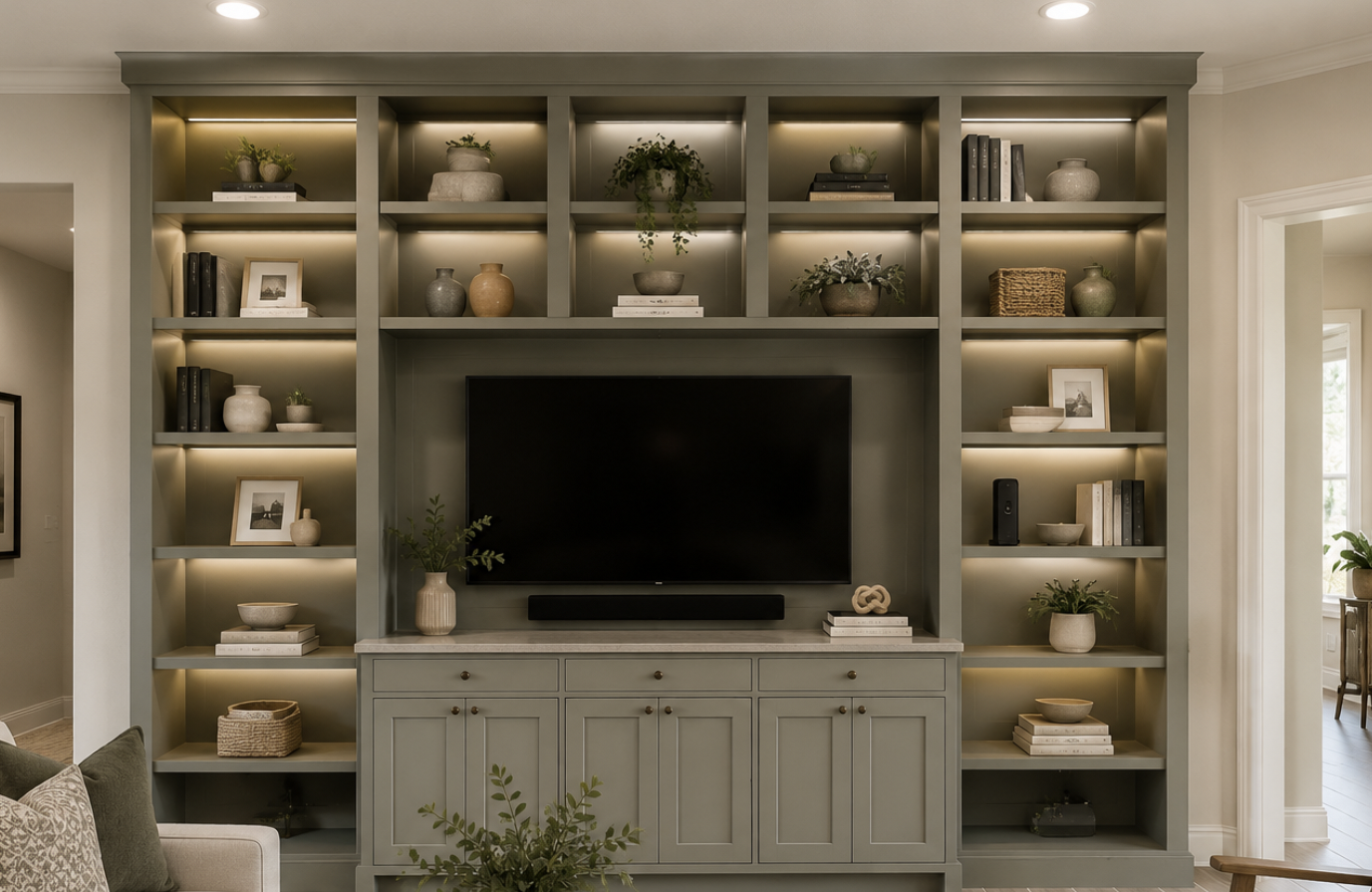 Custom media wall with built-in cabinets and electric fireplace in an Austin living room